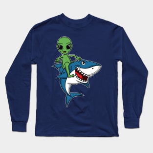 Alien rides shark cowboy rodeo gift idea present Long Sleeve T-Shirt